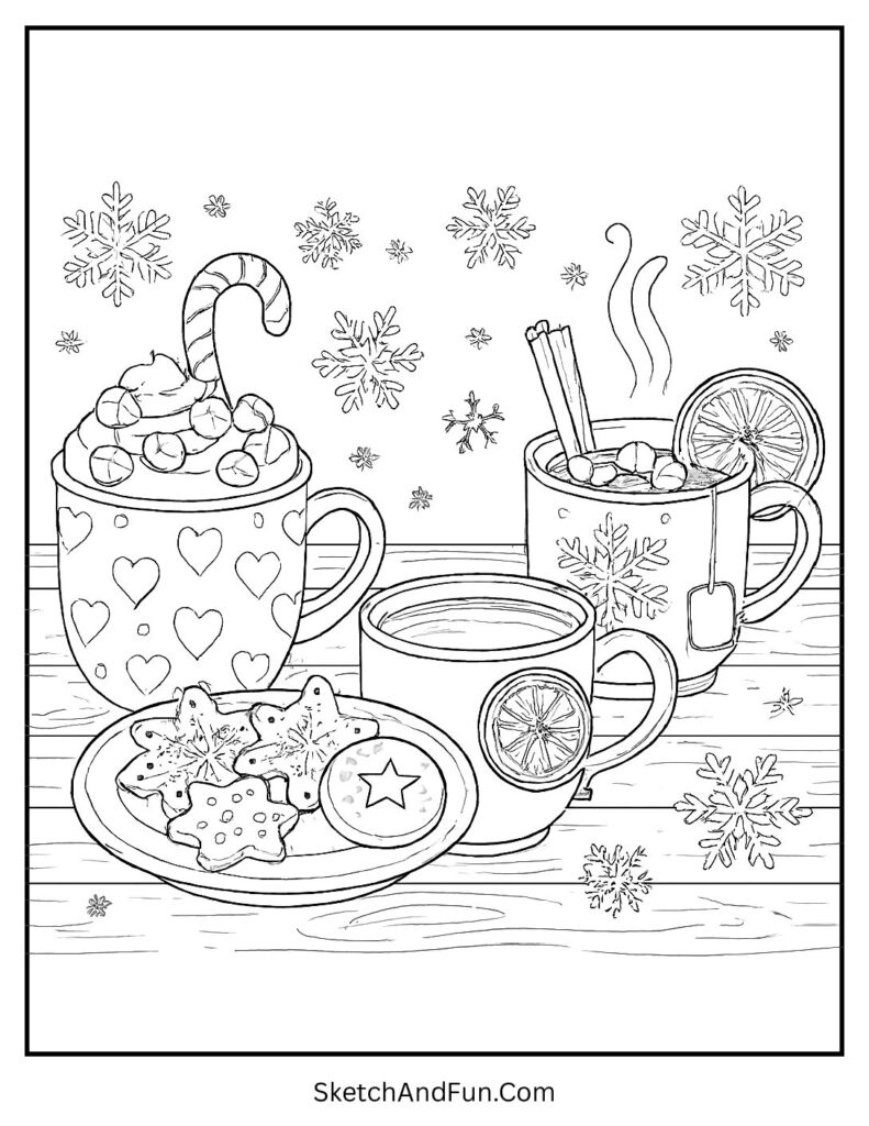 Cocoa and cookies on table for large winter coloring pages.