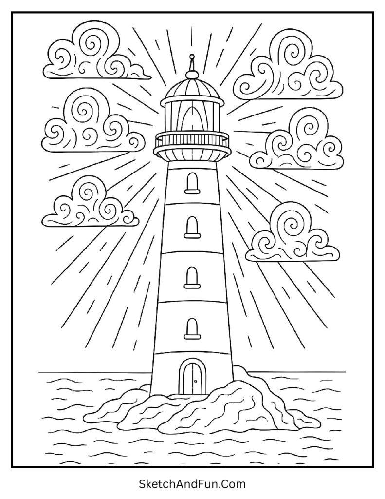Tall lighthouse by sea for aesthetic coloring pages pdf.