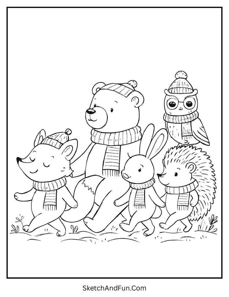 Forest animals marching in snow for winter coloring pages bundle.