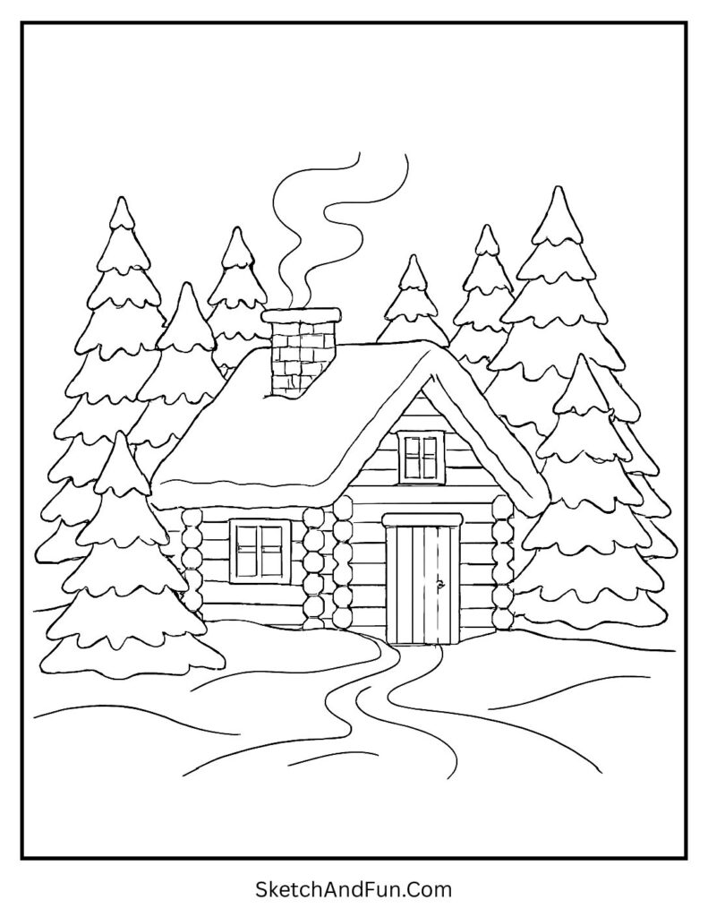 Cozy wooden cabin scene for winter cottage coloring pages.