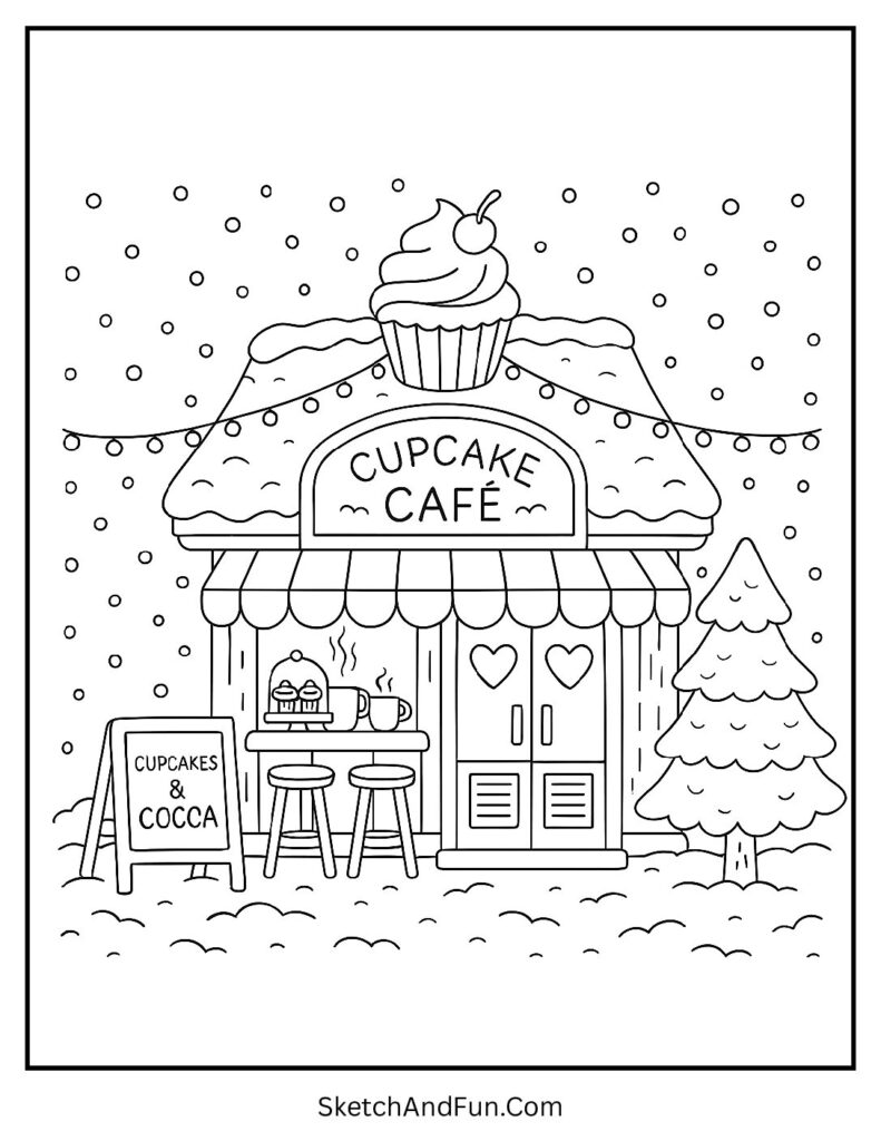 Cozy cupcake café in snowfall for cute winter coloring pages.