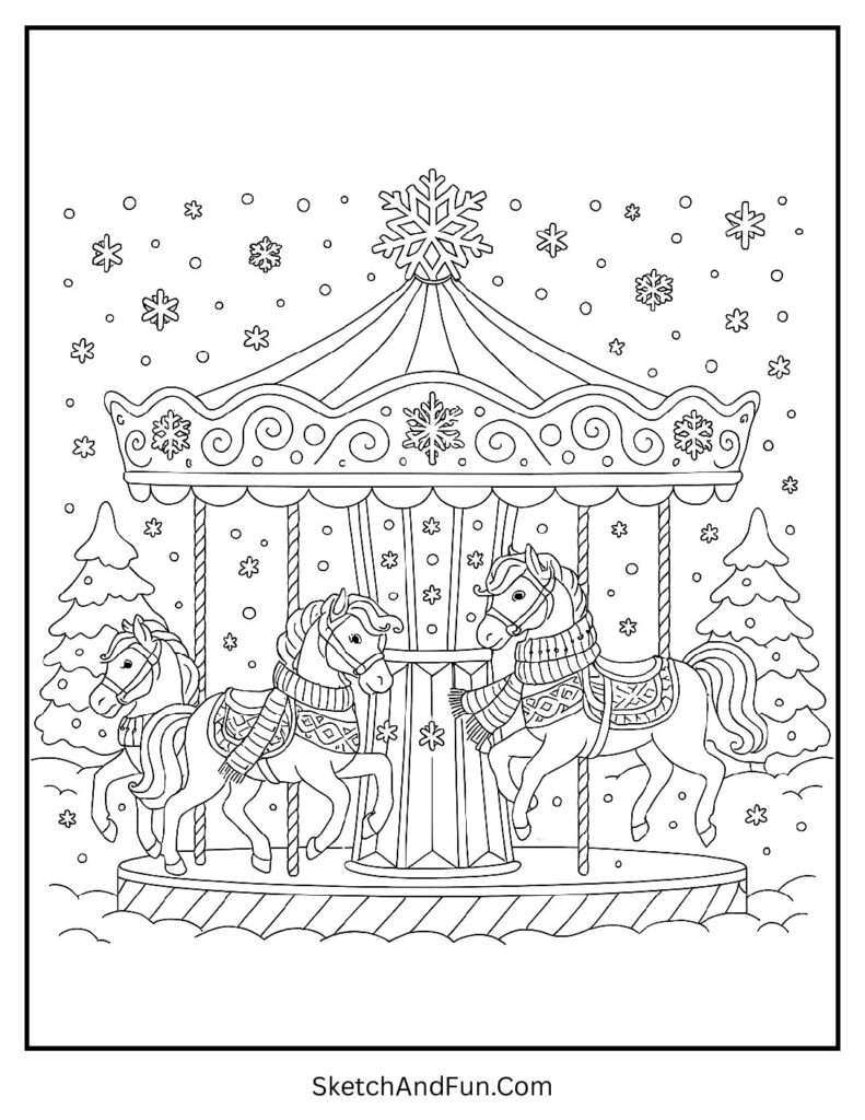 Carousel in snow for winter holiday coloring pages.