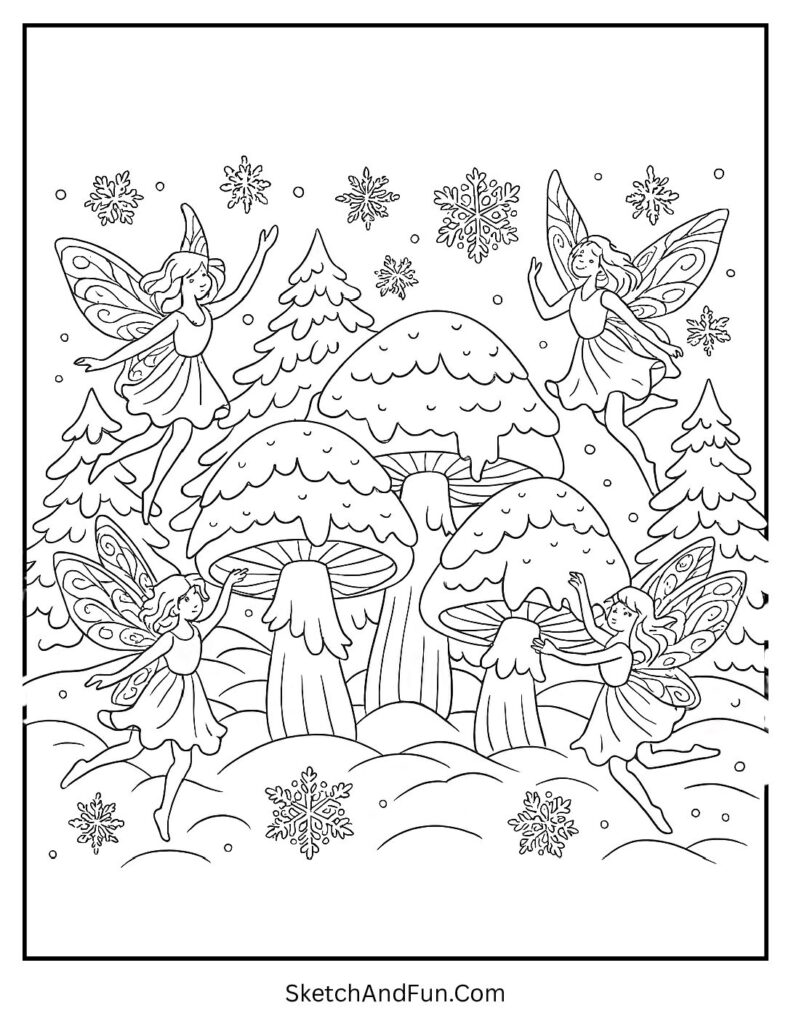 Fairies dancing in snow for winter coloring pages bundle.