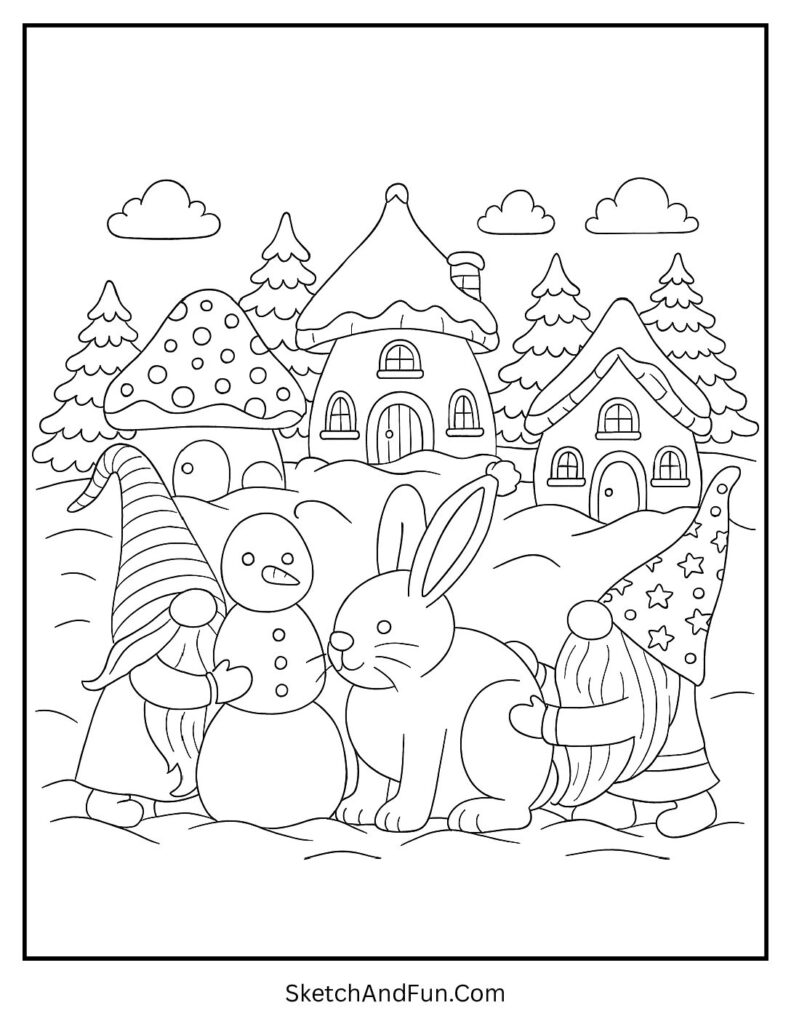 Gnomes building snow sculptures for winter coloring & drawing pages.
