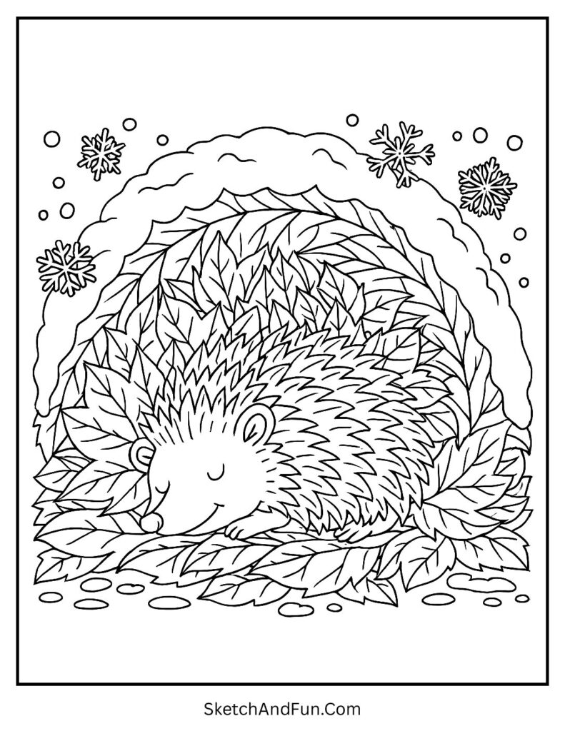 Hedgehog sleeping in burrow for winter cottage coloring pages.