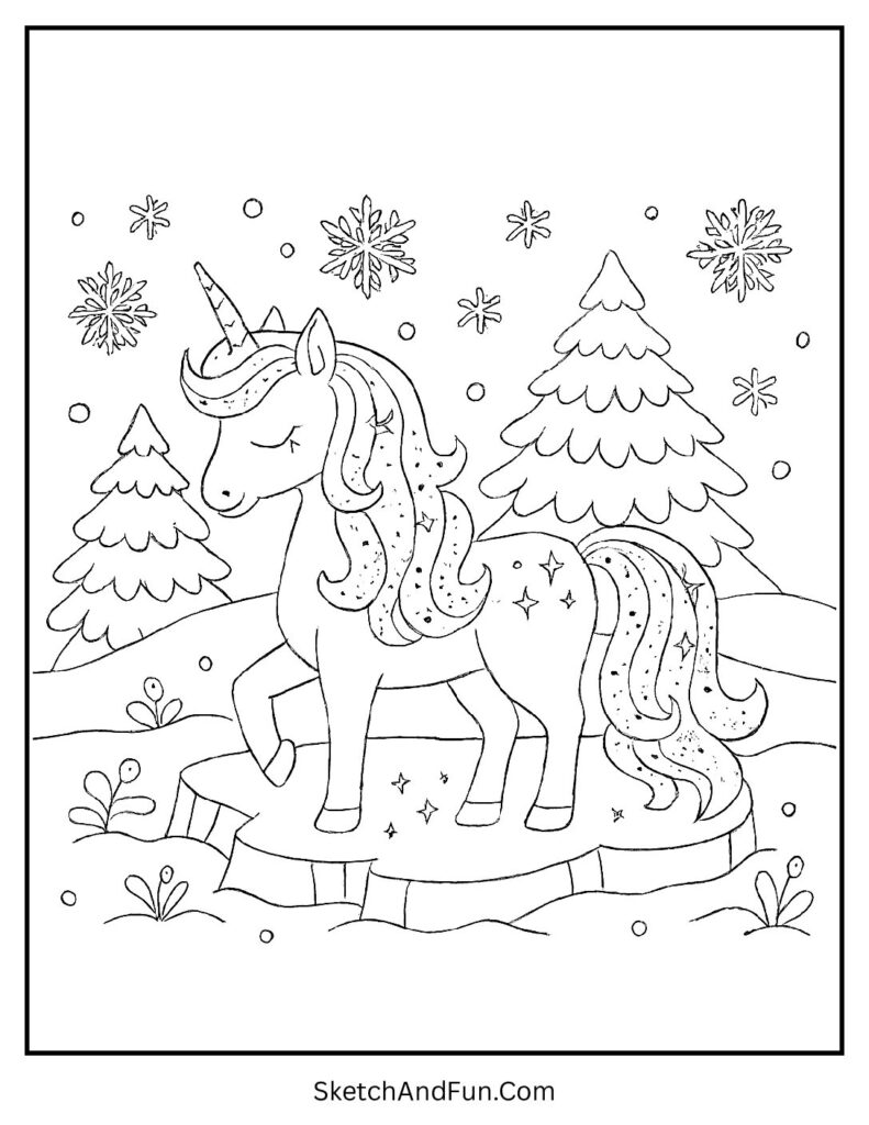 Magical unicorn in snowy field for winter mandala coloring pages.