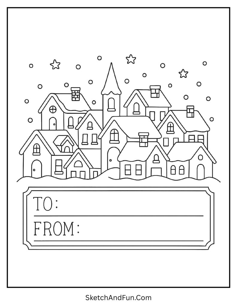 Teacher printable Christmas gift tag coloring activity showing village scene.