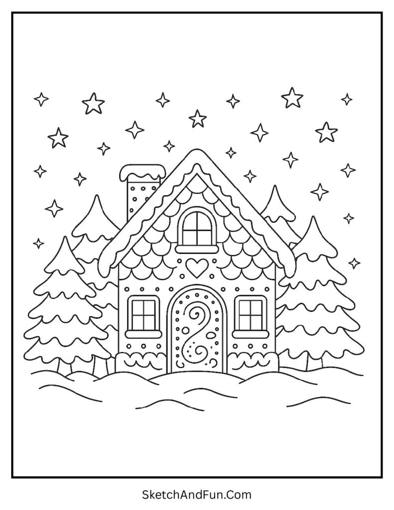 Winter wonderland style gingerbread house coloring page holiday scene with snowy trees.