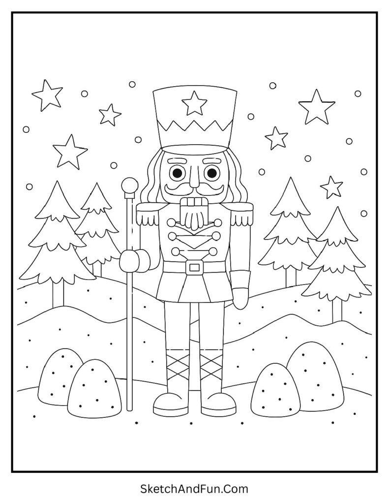 Snowy Nutcracker in pine forest from nutcracker coloring pages christmas theme.