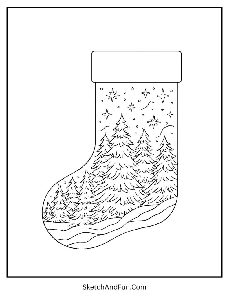 Winter Wonderland Stocking – Christmas stocking coloring page designs with trees and stars.