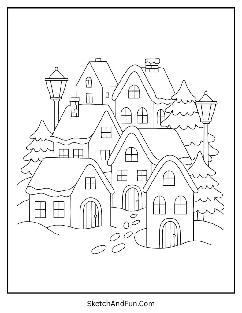 Small snowy town scene for winter wonderland coloring pages.