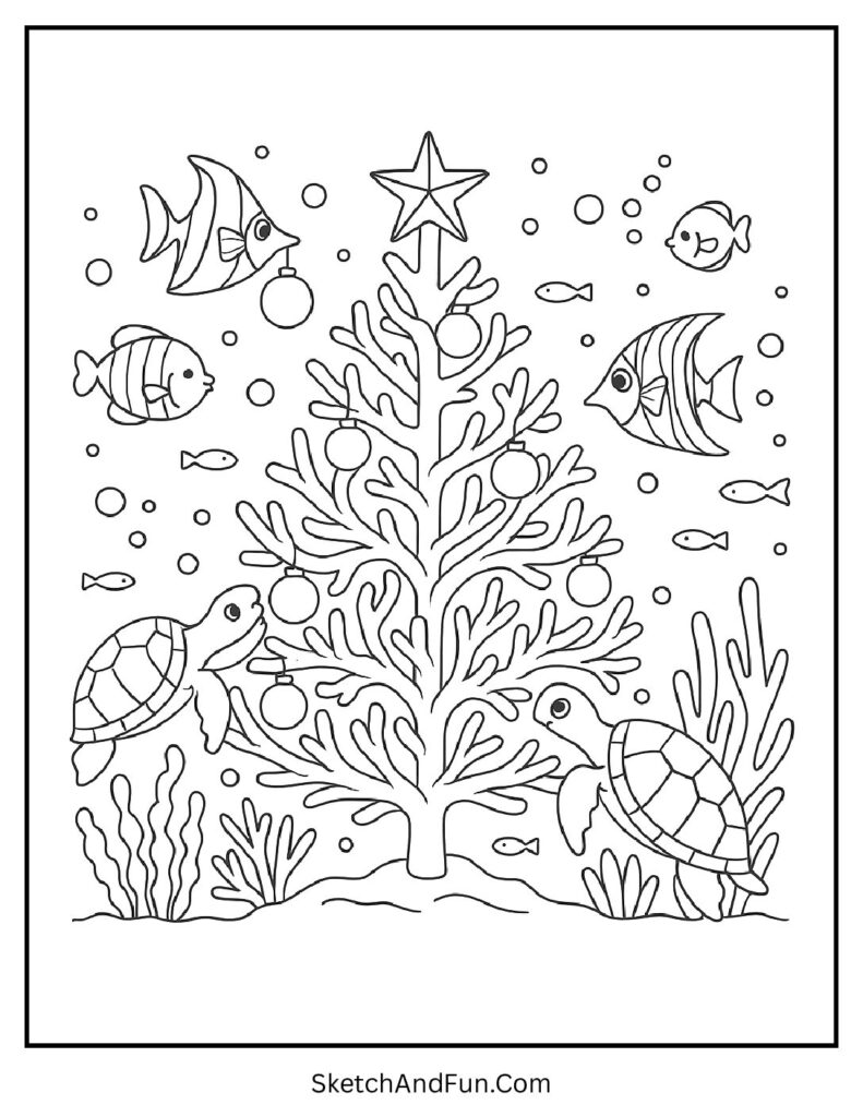 Sea life decorating coral tree for christmas tree coloring page designs.