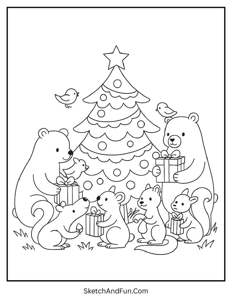Woodland animals sharing gifts for christmas tree color by number pages.