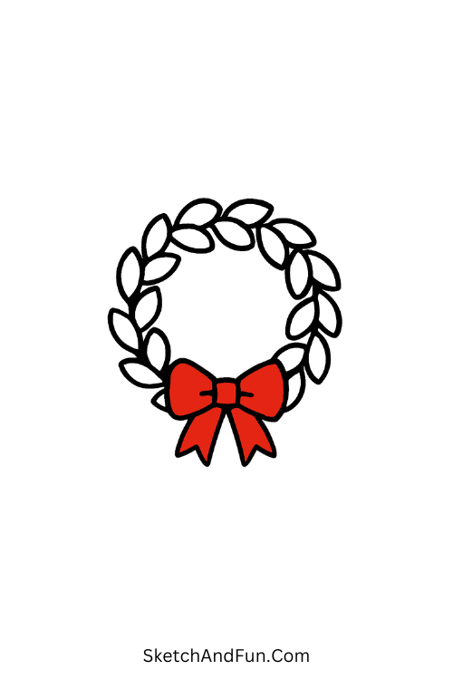 Christmas wreath drawing with green leaves, red berries, and a ribbon bow.