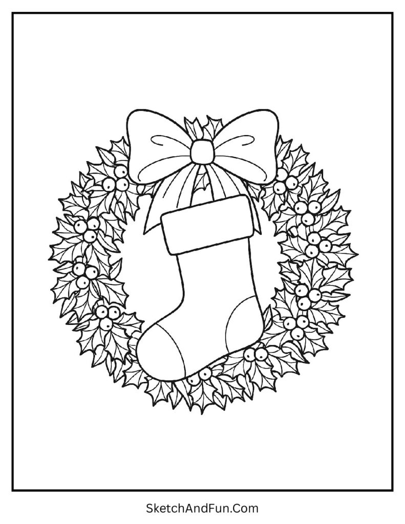 Wreath Stocking – Christmas stocking coloring pages with gifts surrounded by a Christmas wreath.