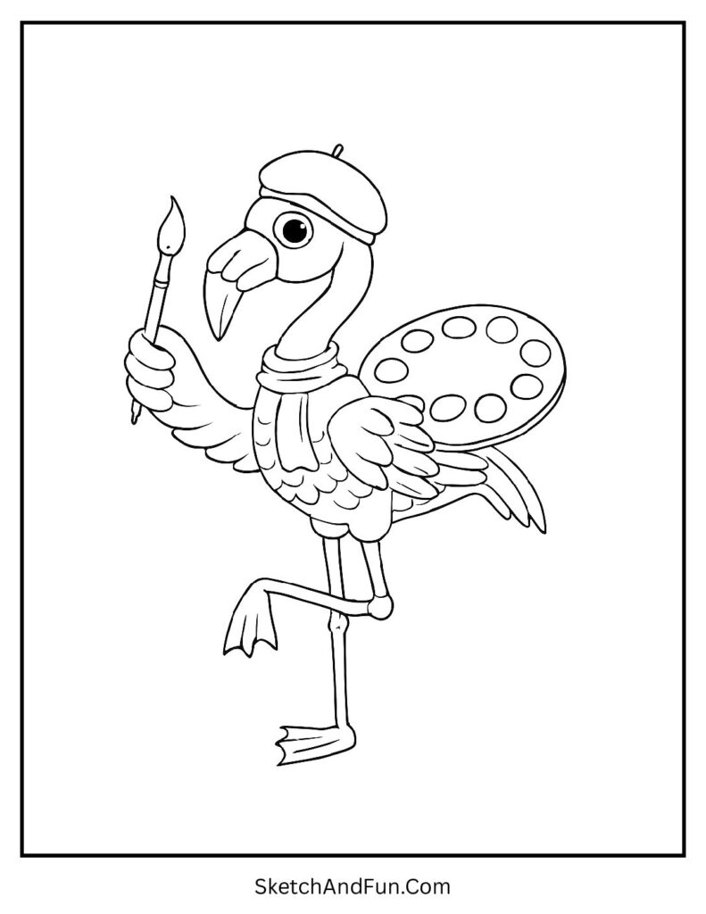 Artist flamingo with palette for flamingo coloring pages free printable.