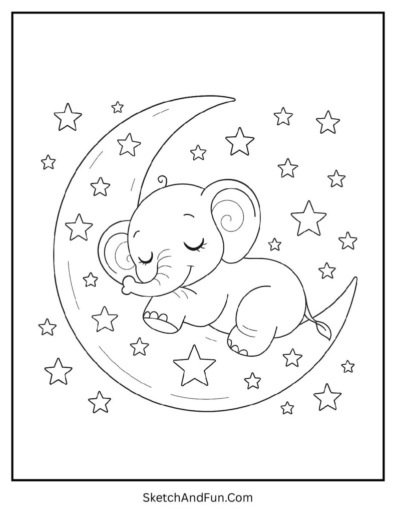 Baby elephant resting on a moon for a calm elephant coloring page pdf.