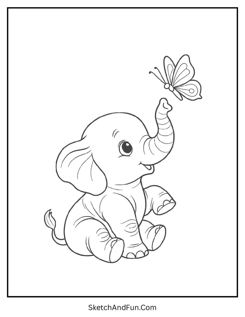 Baby elephant with a butterfly in a sweet scene for baby elephant coloring pages.