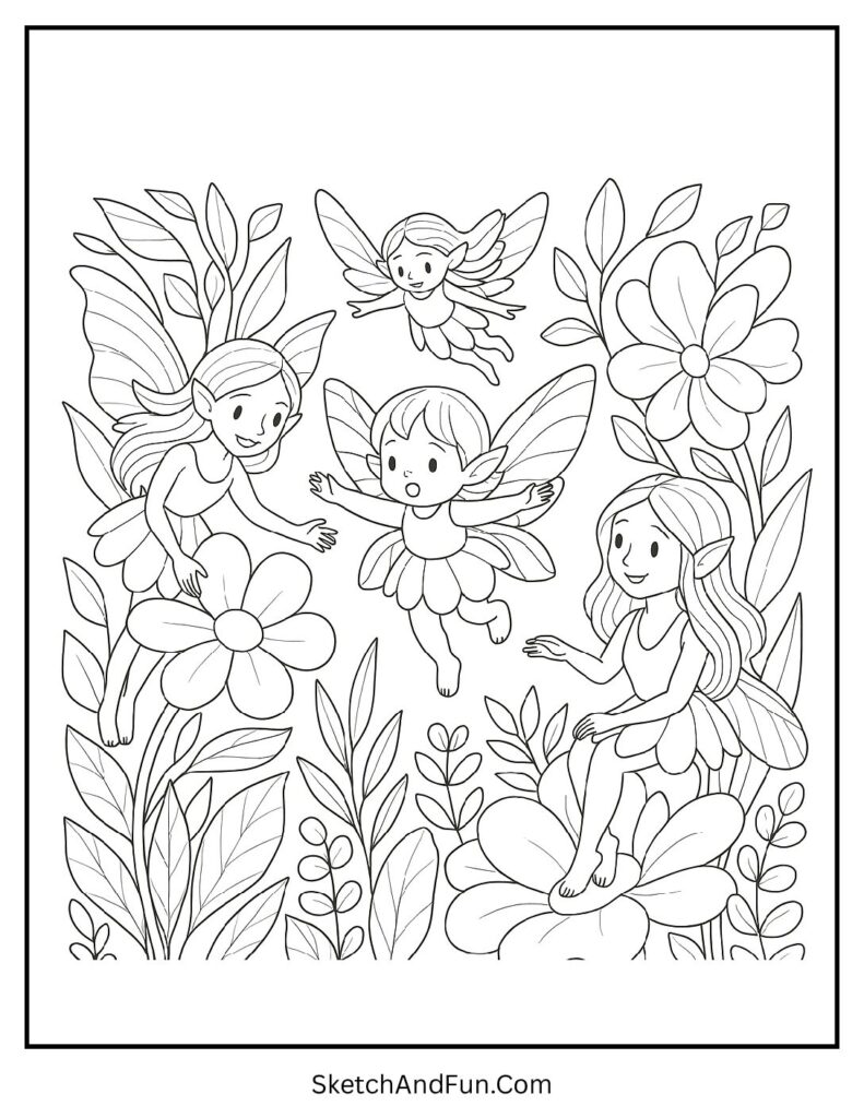 Baby fairy learning to fly with friends for fairy coloring pages black and white.
