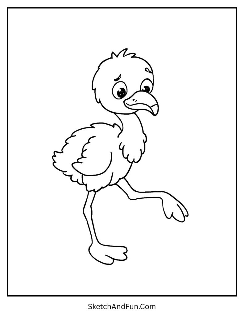 Baby flamingo learning to stand in a flamingo coloring page outline for preschool.