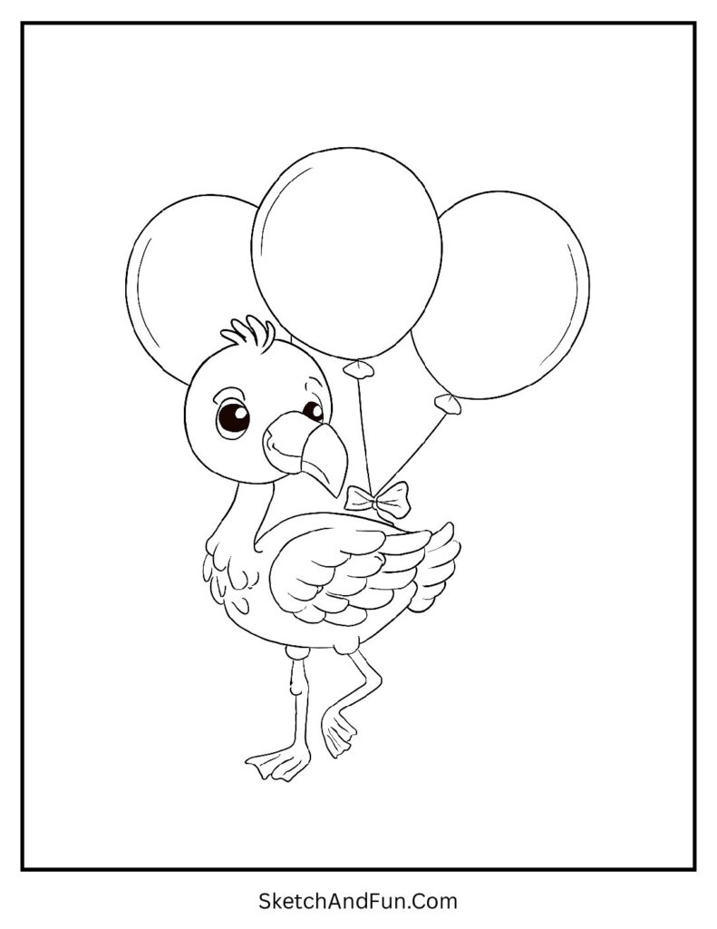 Baby flamingo with balloons in flamingo coloring pages heart shape design.
