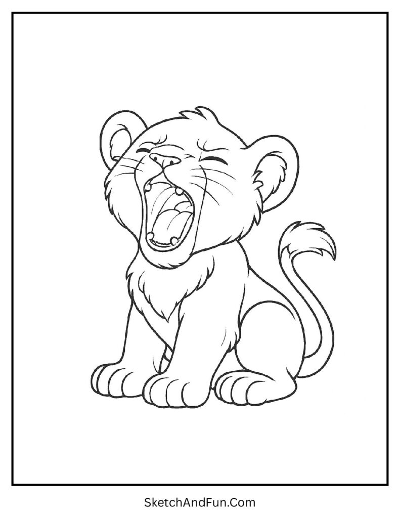 Adorable cub trying to roar in a cute lion cub coloring page scene.