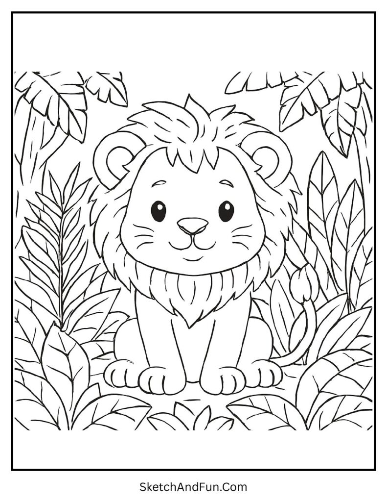 Cute baby lion in leaves for a sweet baby lion coloring page scene.