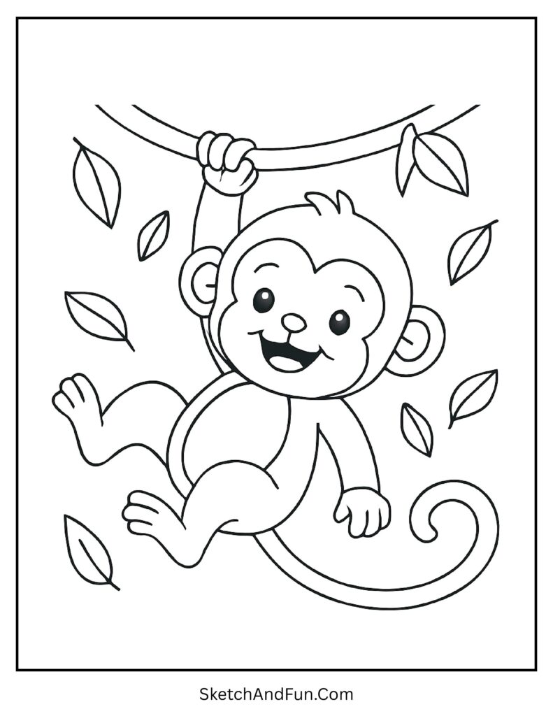 Baby monkey swinging from a vine in a cute baby monkey coloring sheet