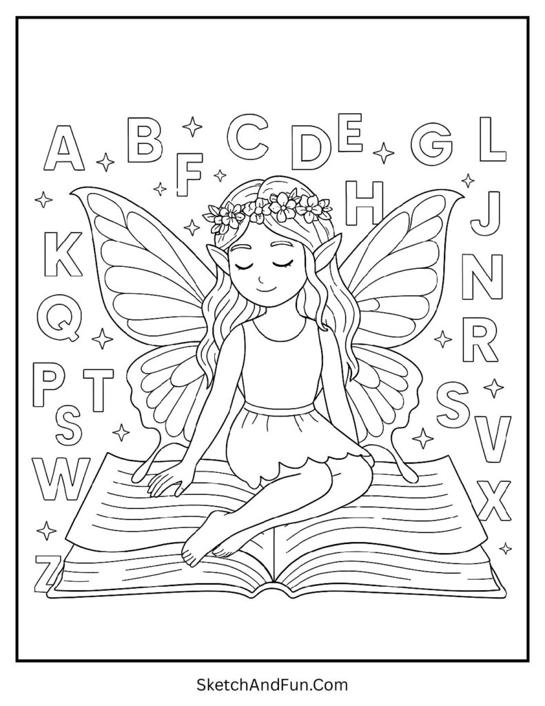 Fairy reading magical letters in giant book for fairy woodland coloring pages kids printable.