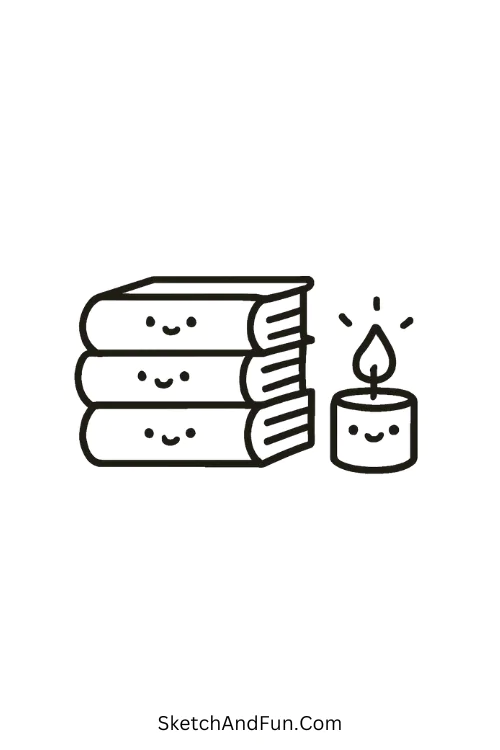 Books and Candle for cozy reading drawing ideas with warm glow.
