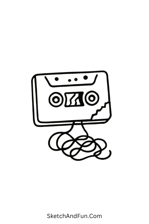 Cool drawing ideas nostalgic – Broken cassette tape with tangled ribbon.