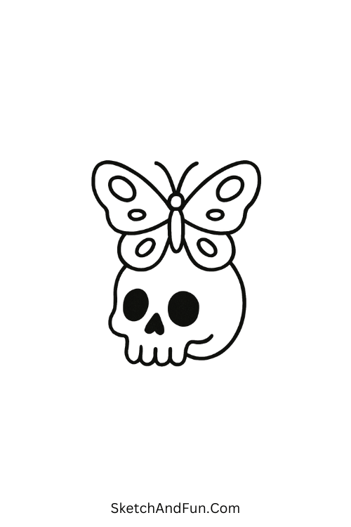 Cool drawing ideas for beginners – Butterfly on a skull mixing beauty and boldness.