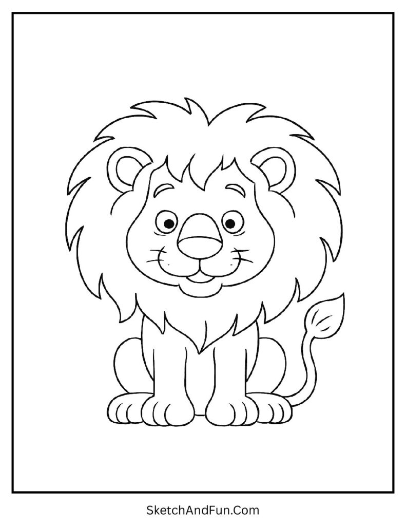 Big-mane lion smiling in a bright cartoon lion coloring page.