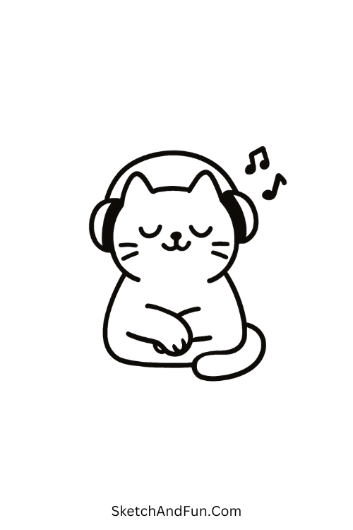 Cool drawings for beginners – Chill cat wearing headphones looking calm and relaxed.