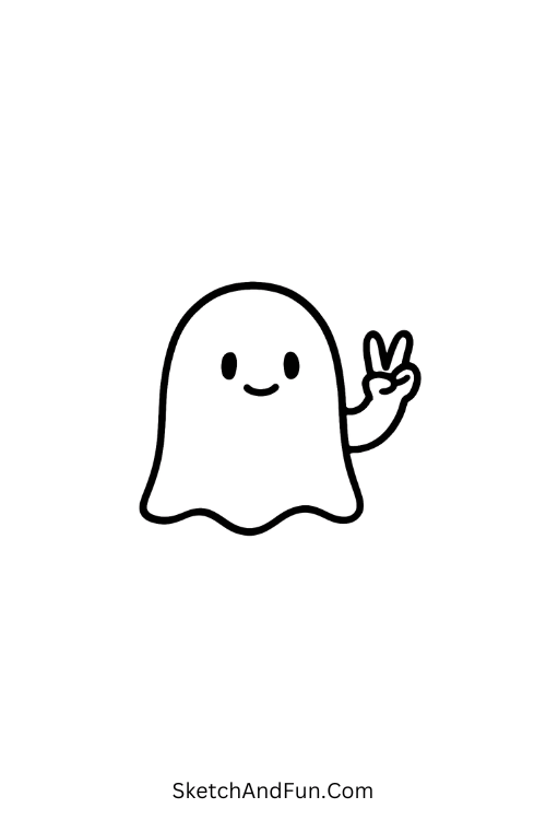 Cool drawing ideas caricature style – Chill ghost floating with peace sign.