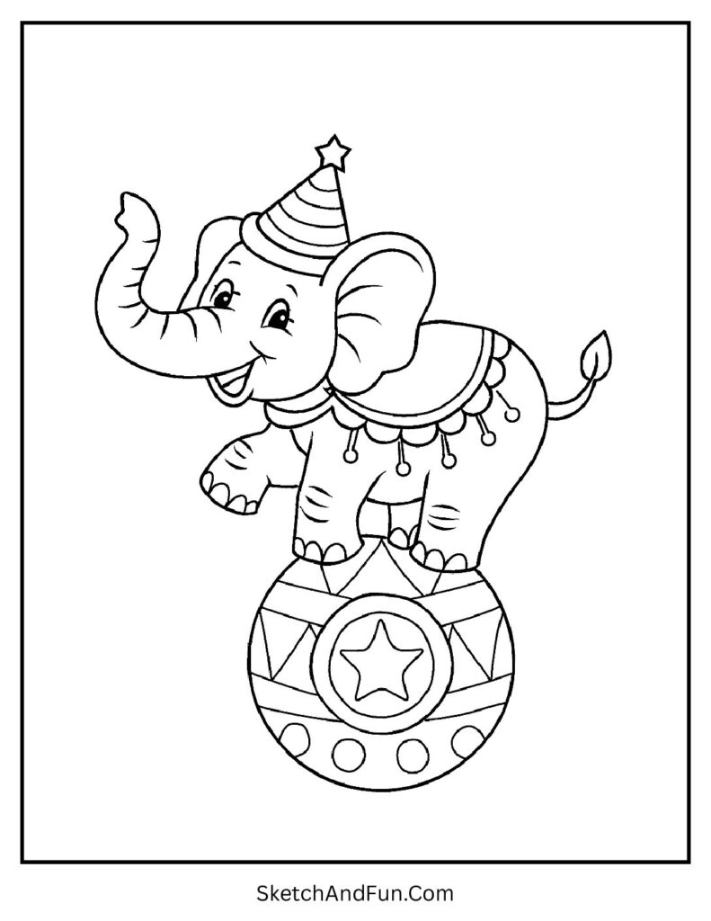 Circus elephant balancing on a ball for lively cartoon elephant coloring pages.