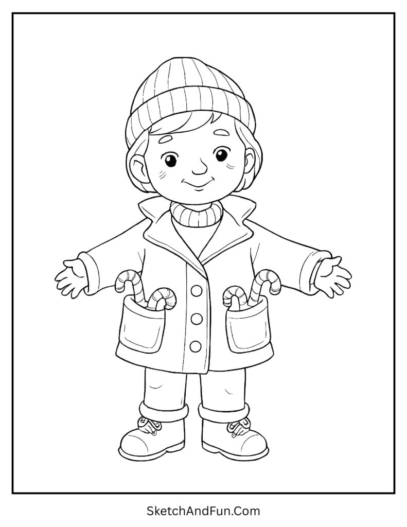 Kid with candy cane pockets in coat from winter jacket and boots coloring page.