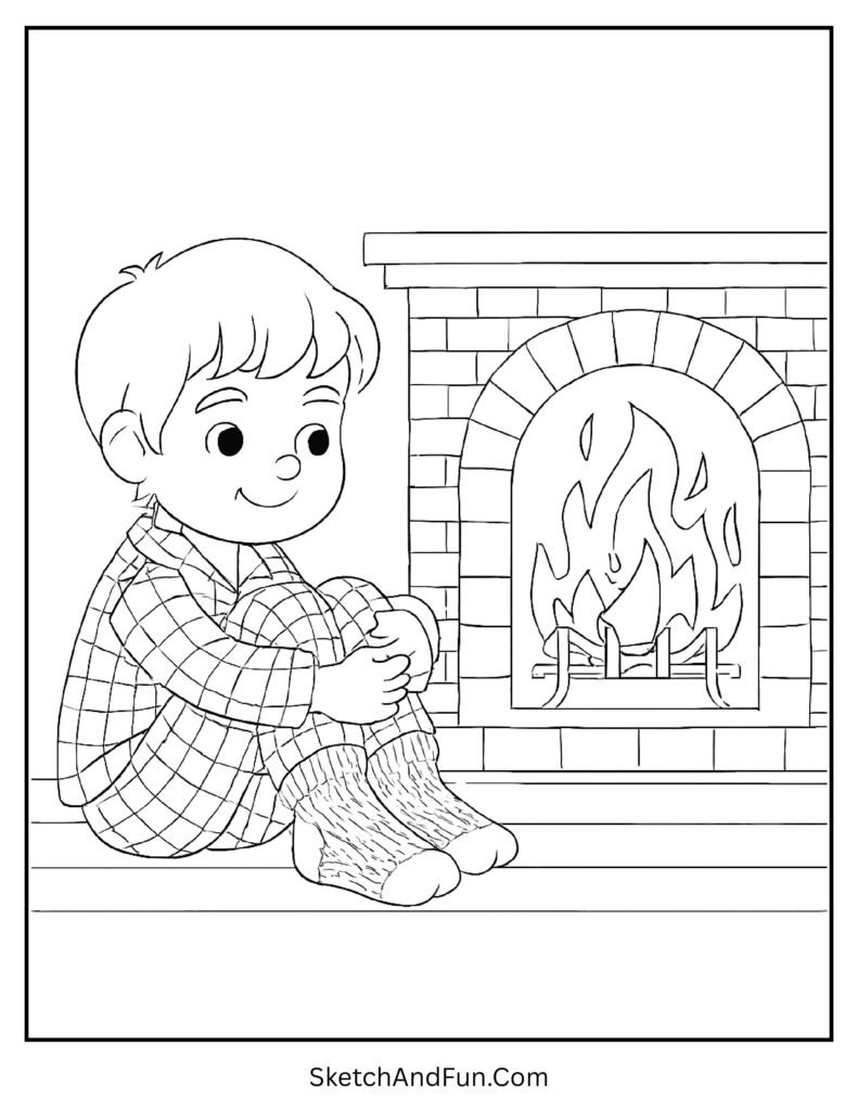 Kid by fireplace in pajamas from winter outfit coloring page winter accessories scarf hat.