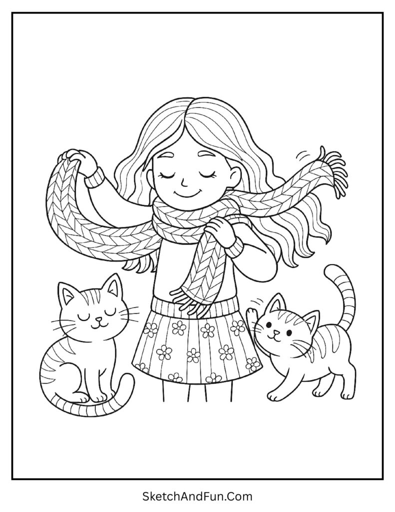 Girl wrapping wool scarf with kittens from winter fashion coloring page winter coat & scarf.