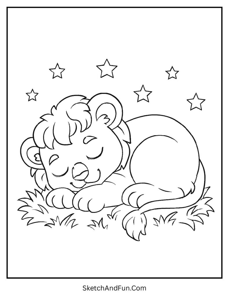 Calm lion cub resting on grass in a gentle sleeping lion coloring sheet.