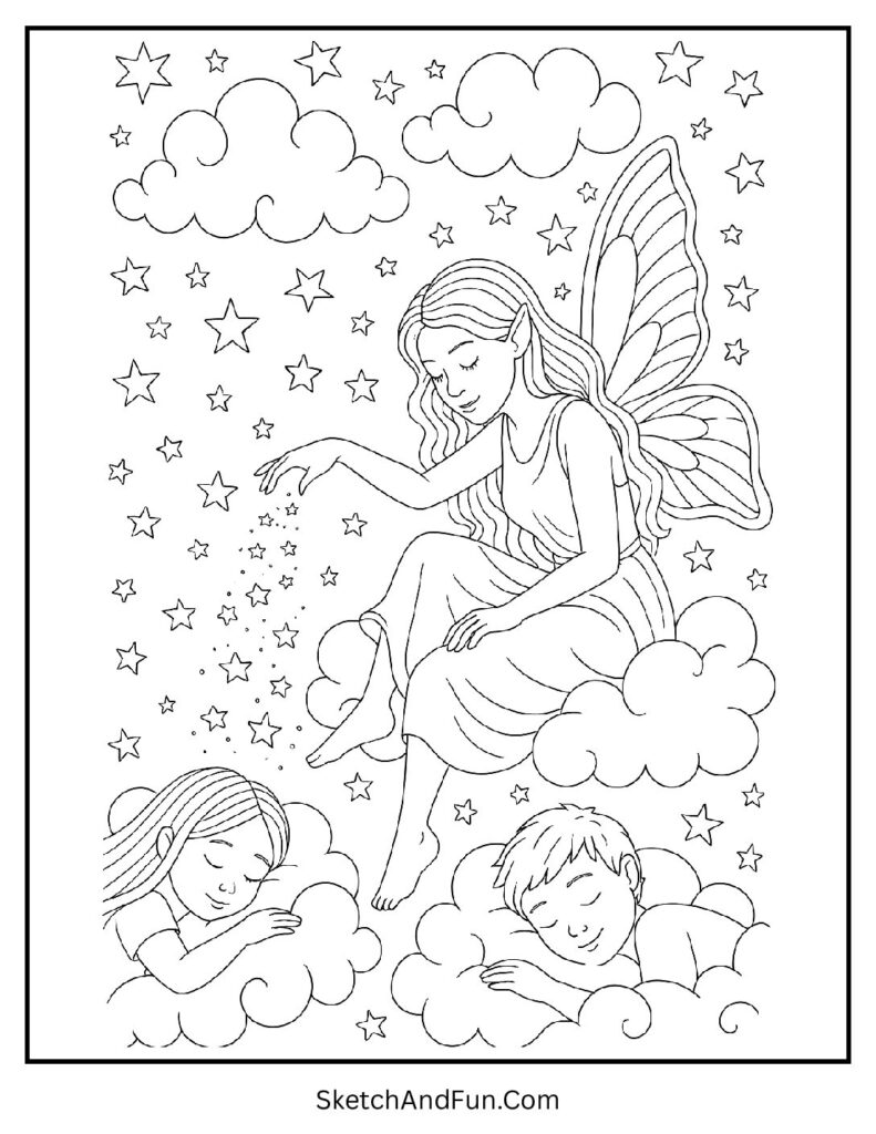 Fairy sprinkling dream dust above clouds for realistic fairy coloring pages adult challenge.