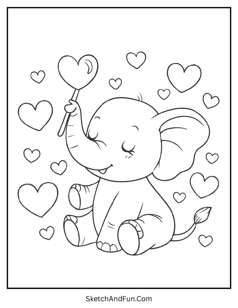 Elephant blowing heart-shaped bubbles in a cute scene for elephant coloring pages zoo.