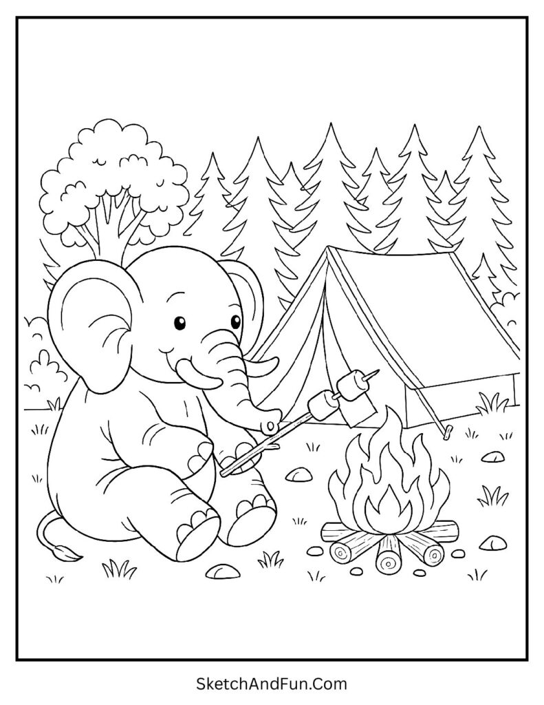 Elephant camping with a tent and fire for detailed elephant coloring pages.