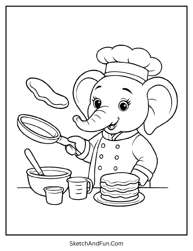 Elephant chef cooking pancakes for school-friendly elephant coloring pages K-12.