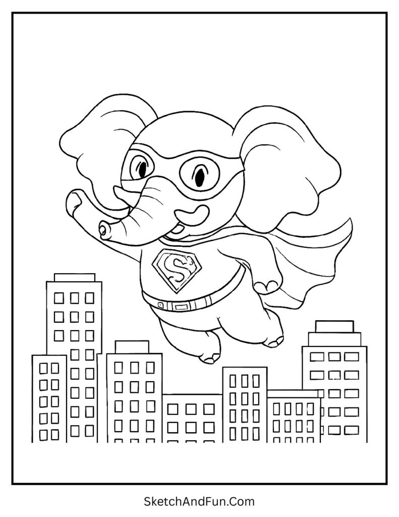 Elephant dressed as a superhero soaring above buildings for elephant coloring pages digital download.