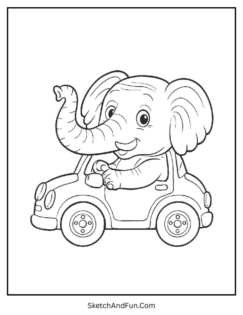 Elephant driving a tiny car in a silly moment for elephant coloring coloring book pages.