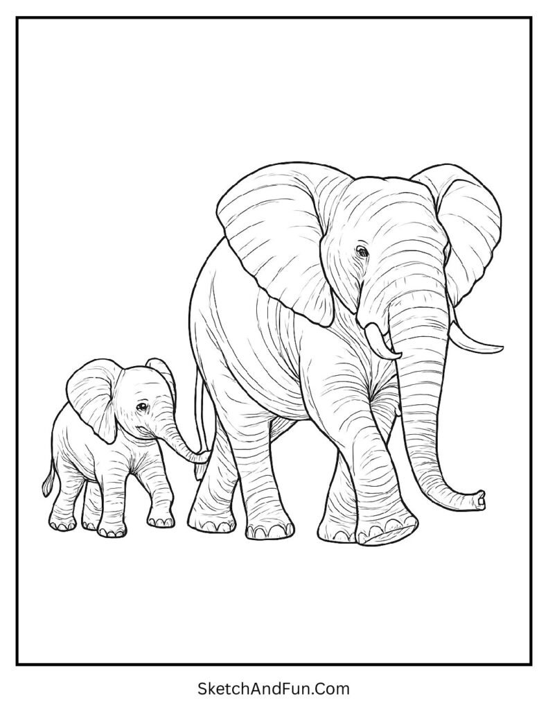 Elephant family holding tails in a warm moment for elephant coloring pages with baby.