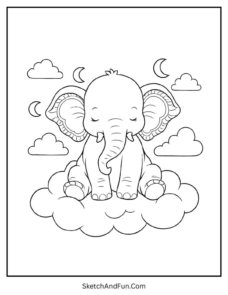 Elephant floating on a cloud in soft lines for tribal elephant coloring page fans.