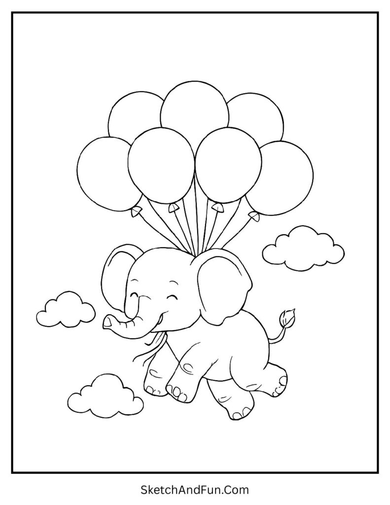 Elephant lifted by balloons in a cute scene for elephant coloring pages printable.