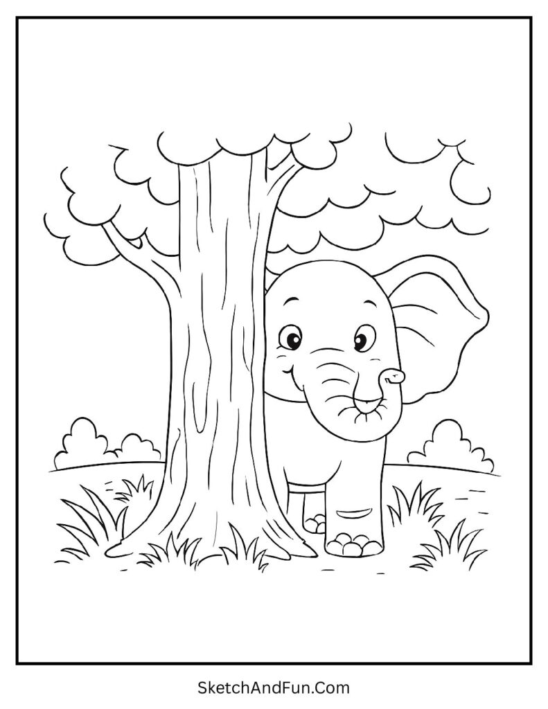 Elephant hiding behind a tree for playful Indian elephant coloring page fun.